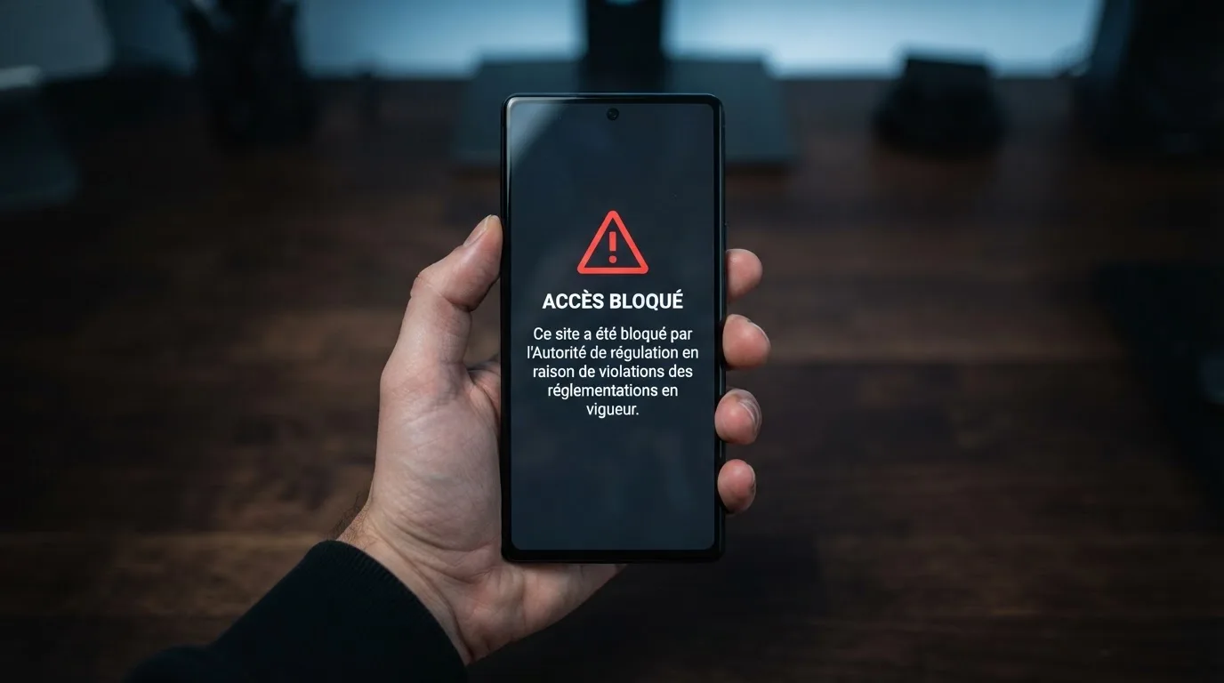 Main tenant un smartphone affichant un message d'avertissement d'accès bloqué