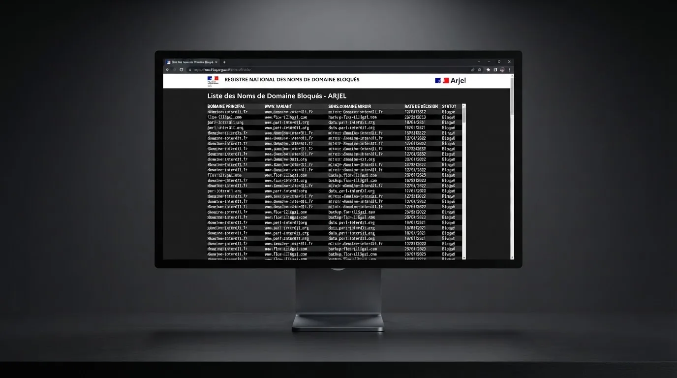 A browser window displaying a long CSV-style list of blocked website domains with decision dates in a column, no brand logos