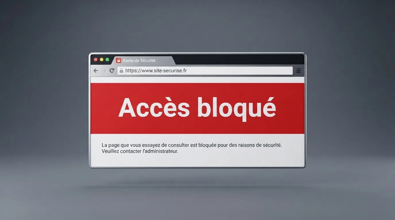 Page d'un navigateur affichant un message d'accès bloqué à un site de jeu, symbolisant le blocage administratif
