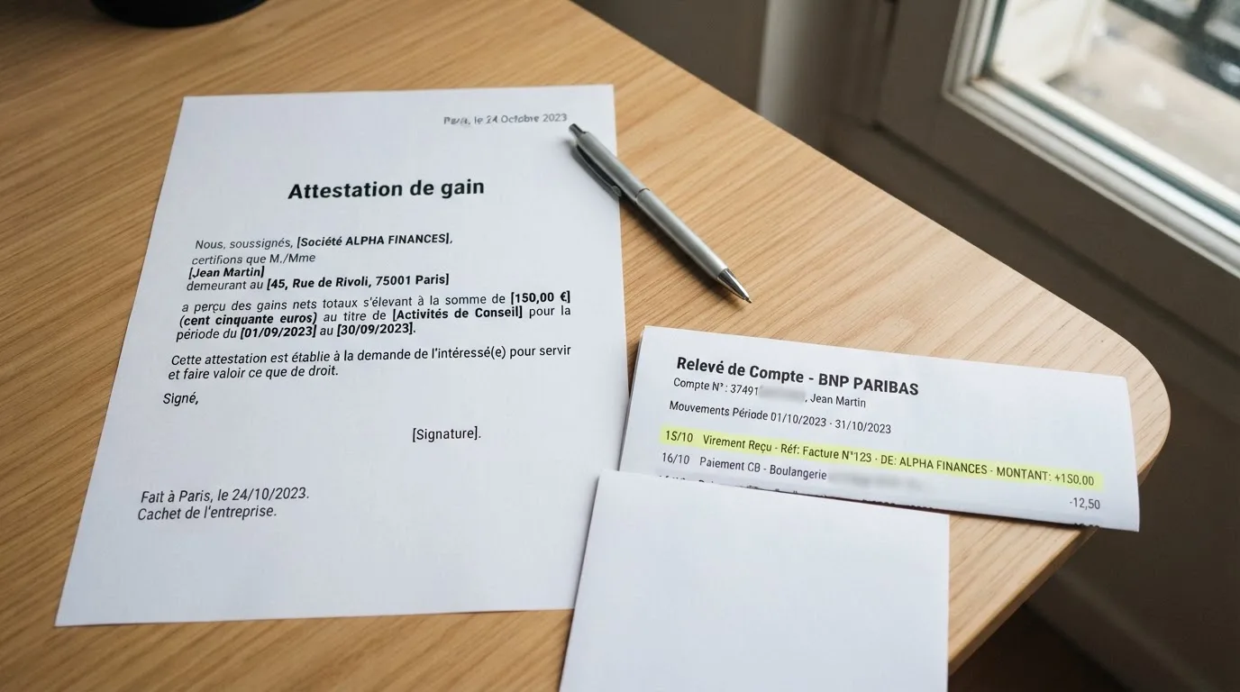 Document d'attestation de gain posé à côté d'un relevé bancaire sur un bureau