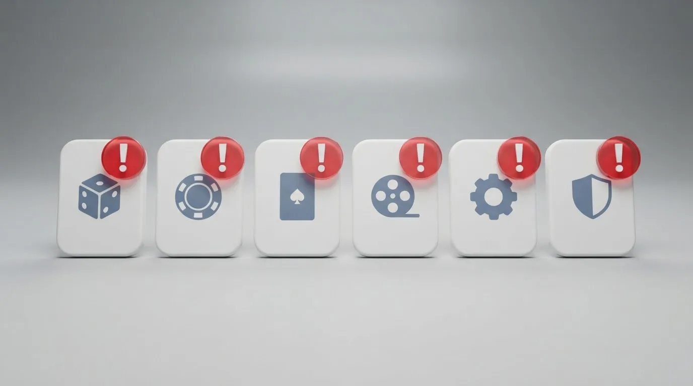Une rangée de logos de plateformes de casino barrés d'un pictogramme d'avertissement sur fond neutre