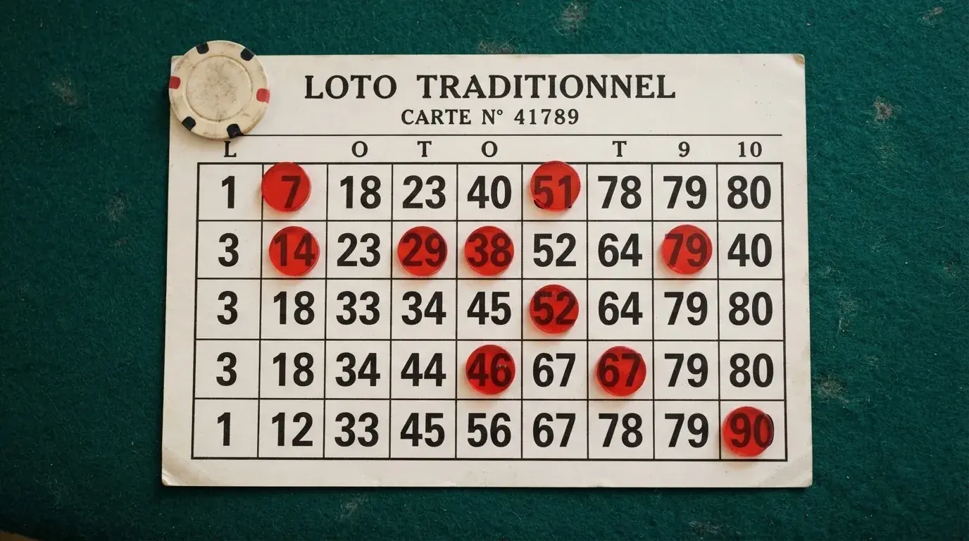 Grille de bingo avec un carton 3 lignes sur 9 colonnes et des jetons numérotés posés dessus
