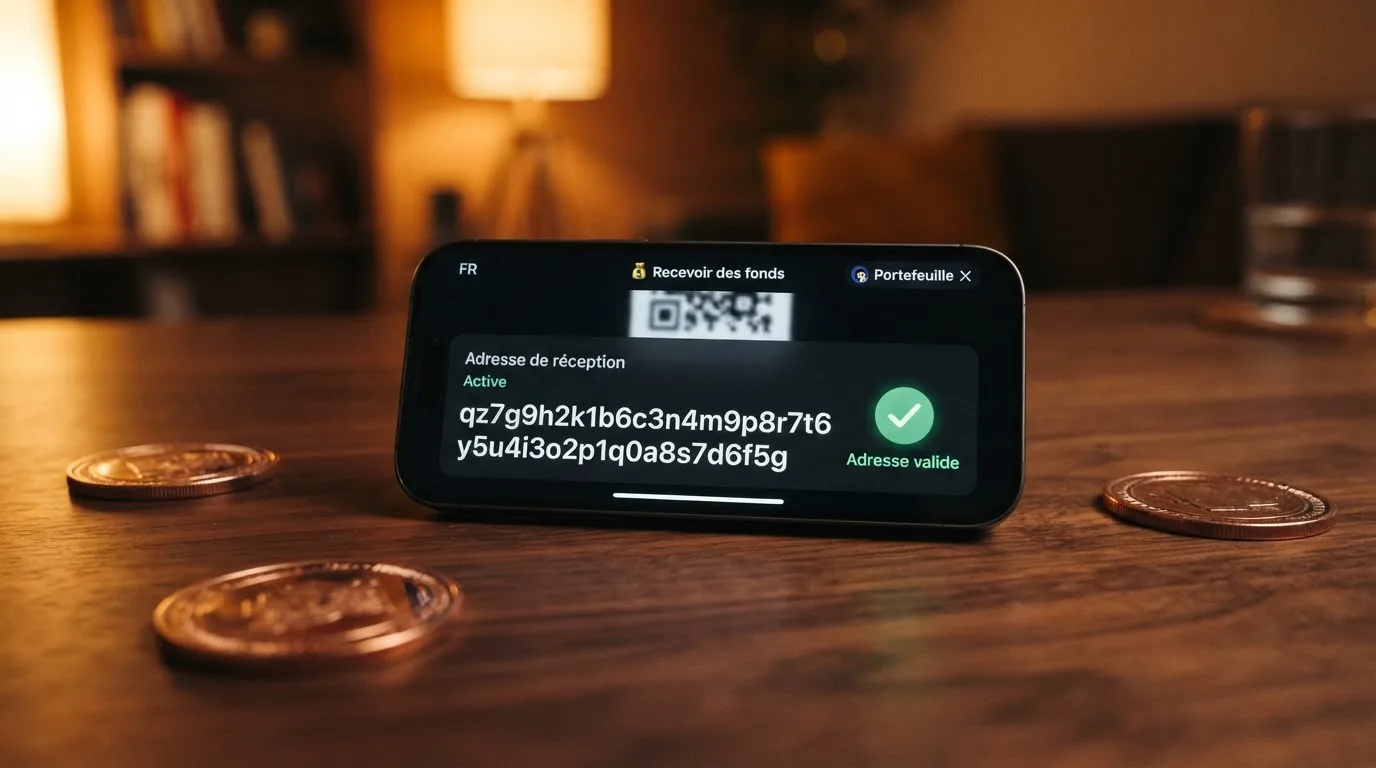 Gros plan sur une application de portefeuille crypto affichant une adresse Bitcoin Cash au format CashAddr commençant par la lettre q, sur fond de pièces BCH.