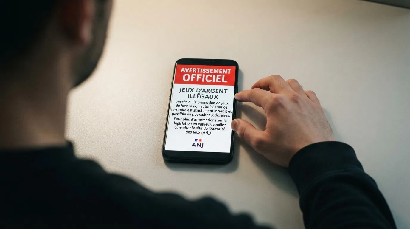 Écran de smartphone affichant un avertissement officiel sur les jeux d'argent illégaux en ligne en France