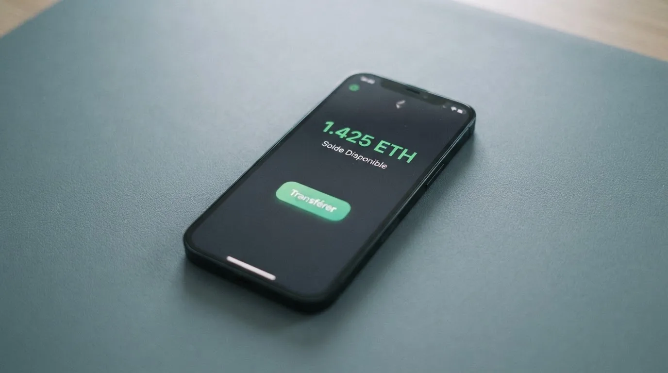Portefeuille numérique affichant un solde en cryptomonnaie prêt à être transféré vers un compte de jeu