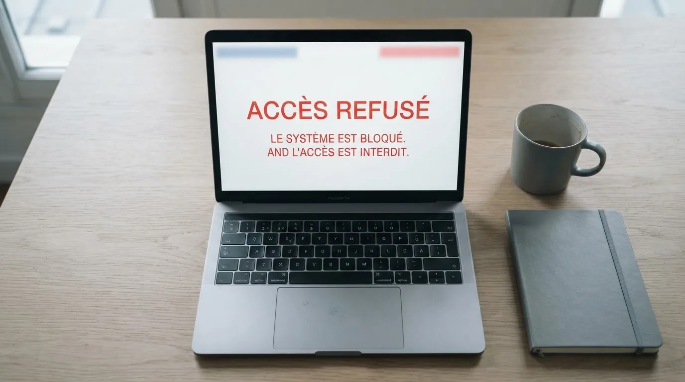 Un écran d'ordinateur affiche un message d'accès bloqué à un site de jeux d'argent non autorisé, sur fond de drapeau français stylisé.