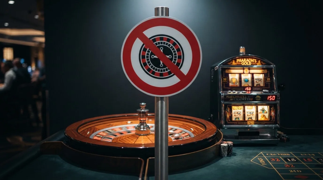 pictogramme d'interdiction superposé à une roulette et des machines à sous, illustrant l'interdiction du casino en ligne en France