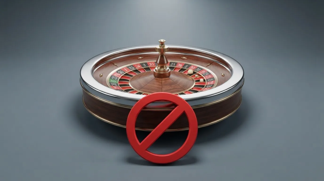 Le logo de l'Autorité nationale des jeux (ANJ) associé à un symbole d'interdiction sur fond de roulette de casino.