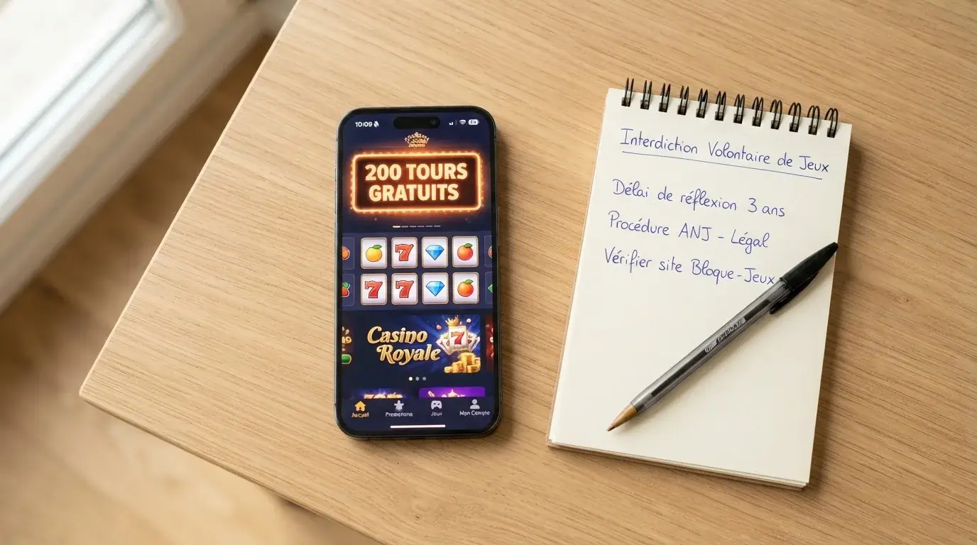 Écran de smartphone affichant l'interface mobile d'un casino en ligne avec une notification de tours gratuits