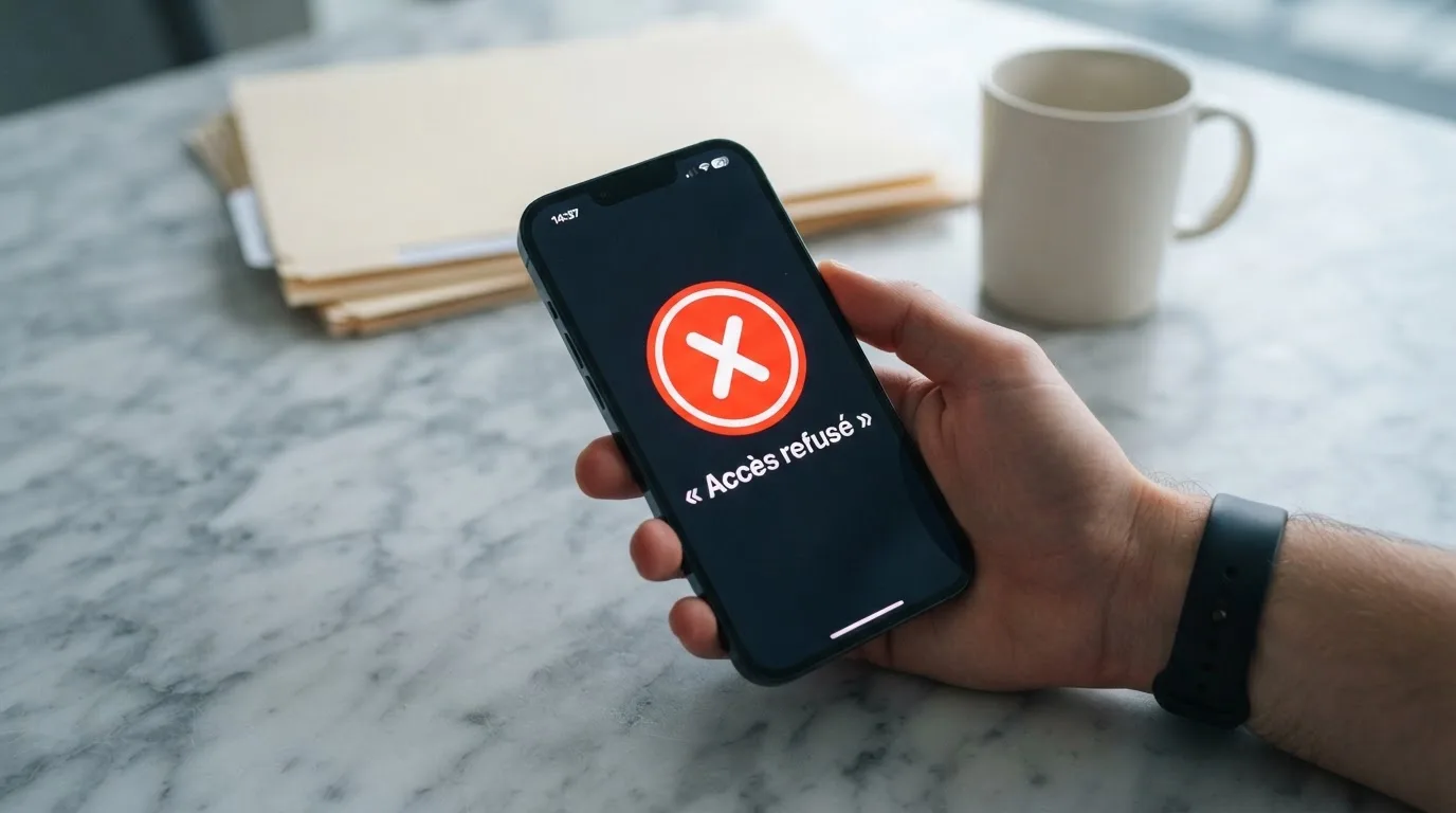 Main tenant un smartphone affichant un écran de blocage de site avec un message d'avertissement rouge, dans un décor évoquant un bureau administratif français.
