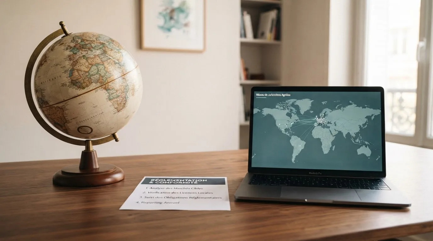 Un globe terrestre posé à côté d'un ordinateur portable affichant une carte du monde.