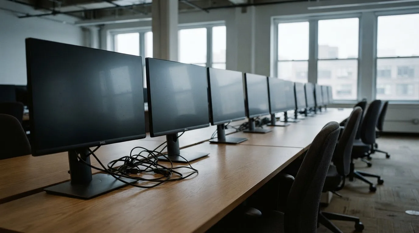 Une rangée d'écrans d'ordinateur éteints dans un bureau vide.