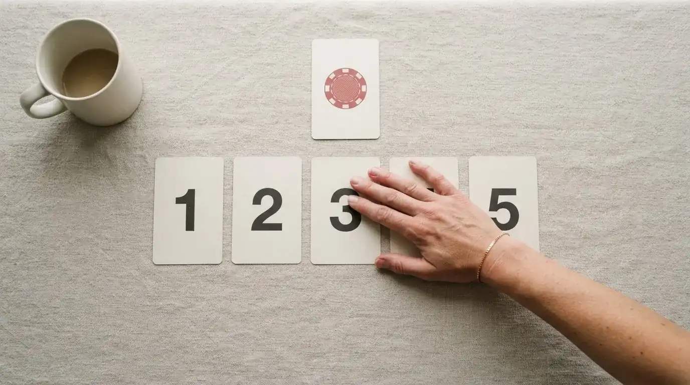 overhead flat-lay of a hand ranking printed casino logos on numbered cards on a desk