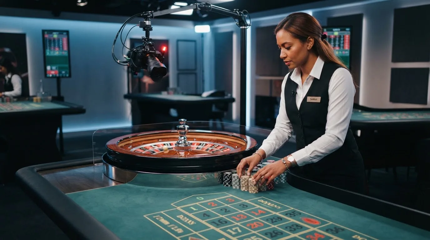 a live dealer standing at a roulette wheel under studio lighting, streaming camera visible above the table