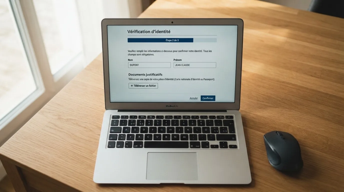 a laptop screen showing a government self-exclusion registration form with an identity-check step, no logos visible