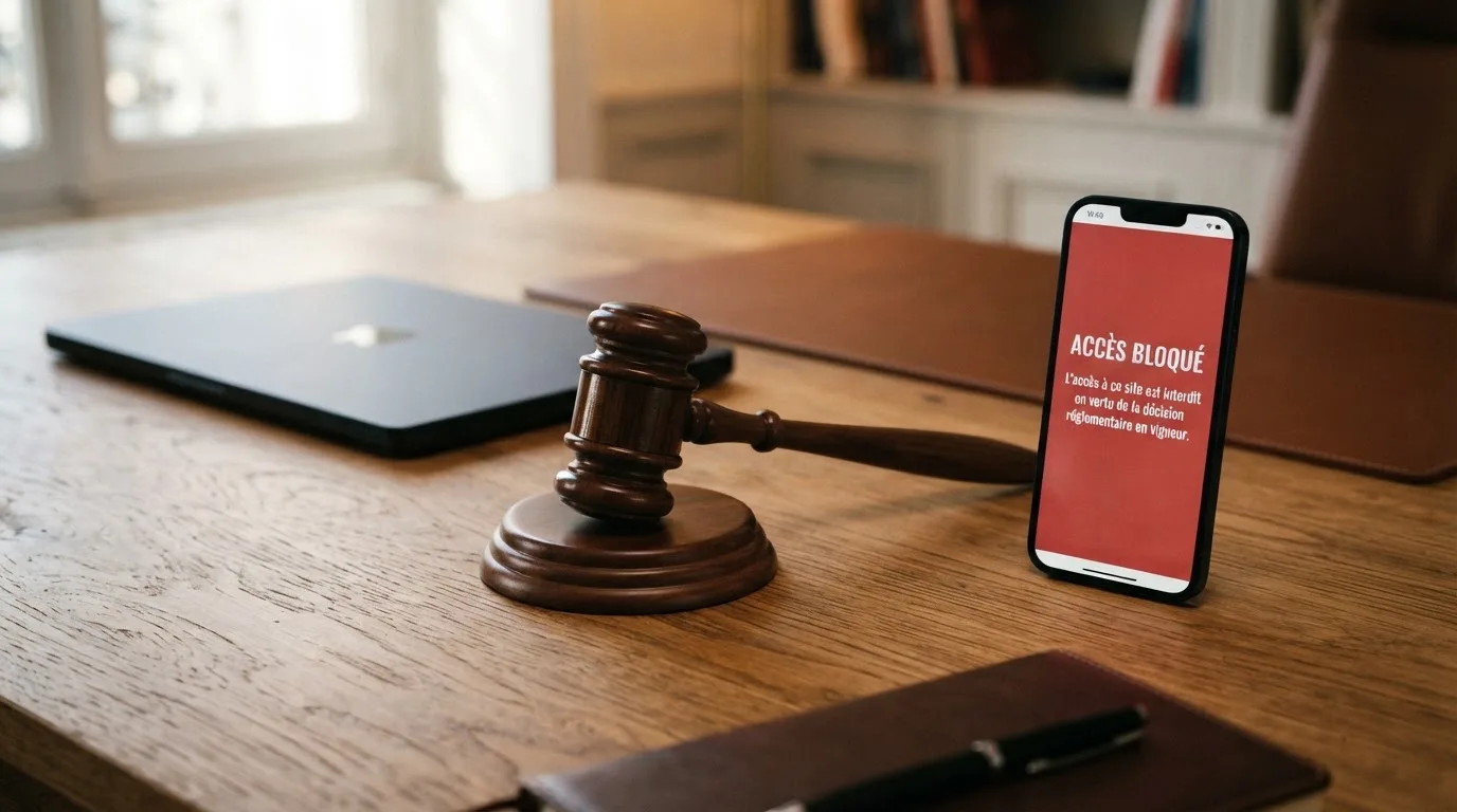 A gavel resting beside official regulatory documents on a wooden desk