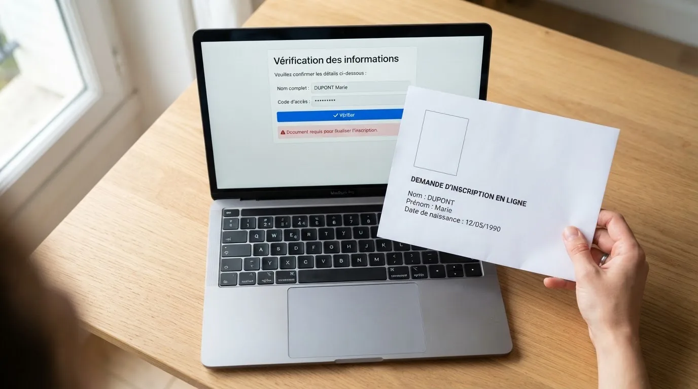 Close-up of a hand holding an identity document next to a laptop showing an online registration form