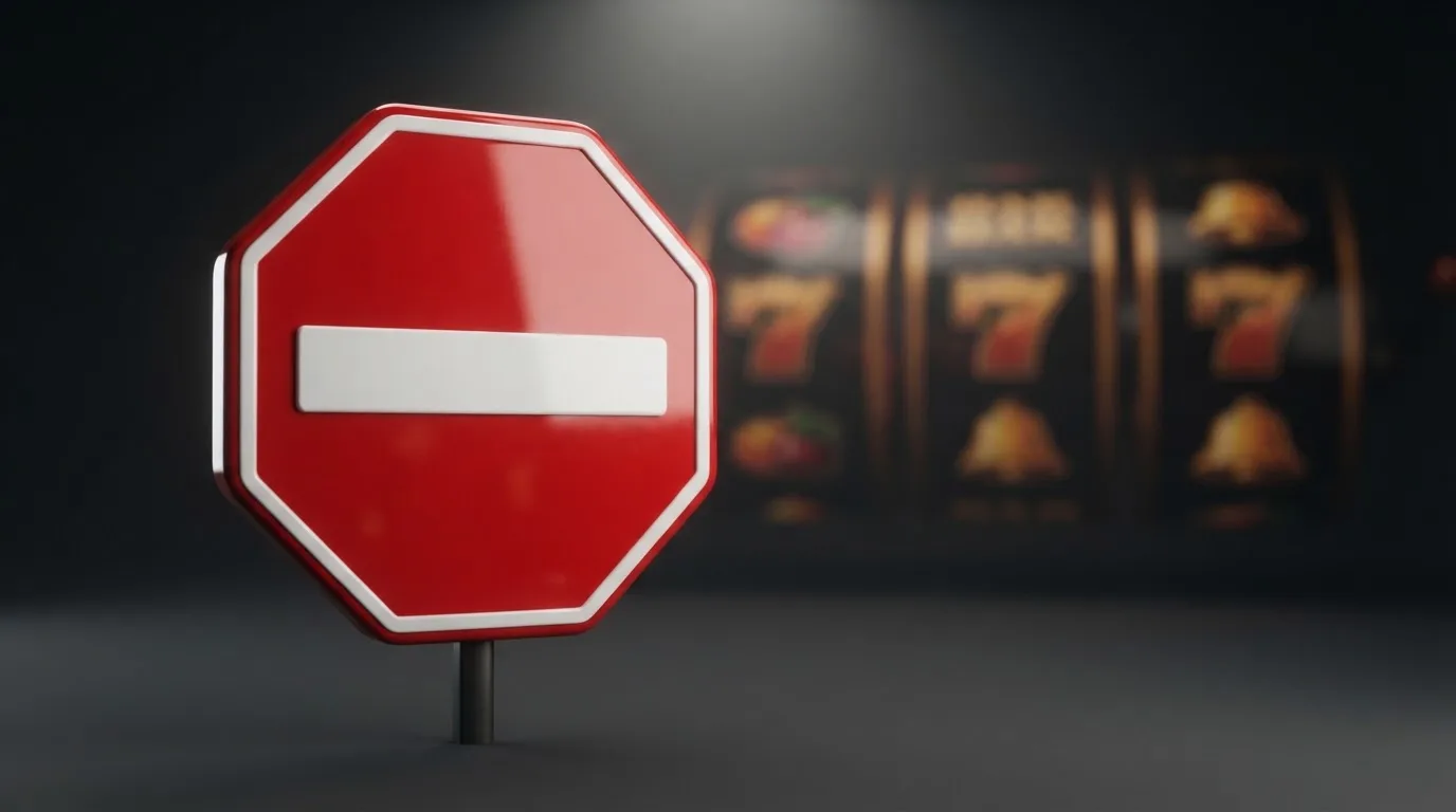 a red official-style stop/prohibition icon overlaid on a blurred casino slot-reel background