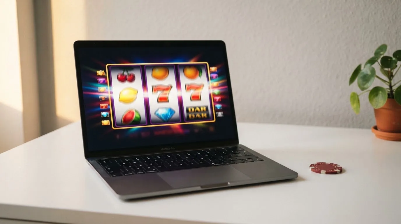 Rouleaux de machine à sous animés sur l'écran d'un casino en ligne, sans marque de casino visible