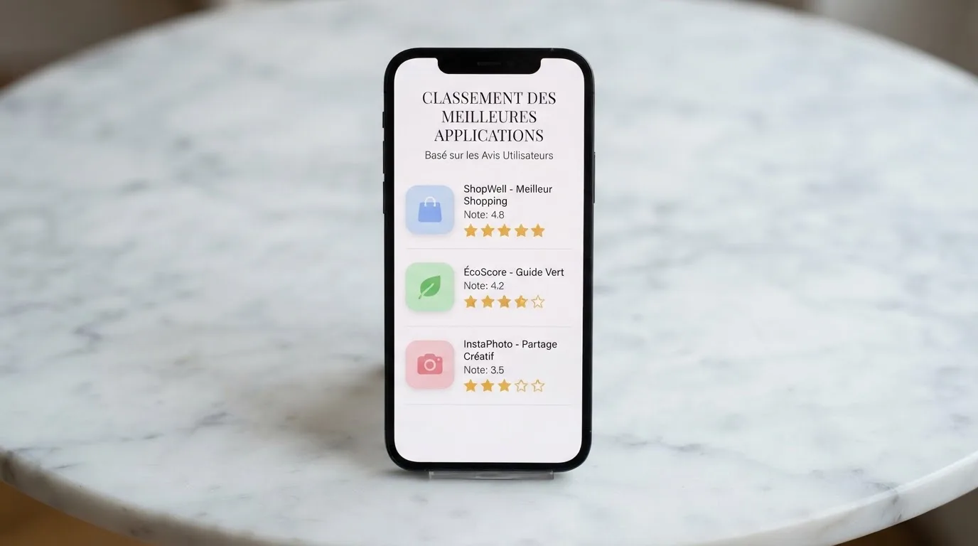 Liste de notes et d'étoiles affichée sur un écran, évoquant un classement d'applications sans nom de marque.