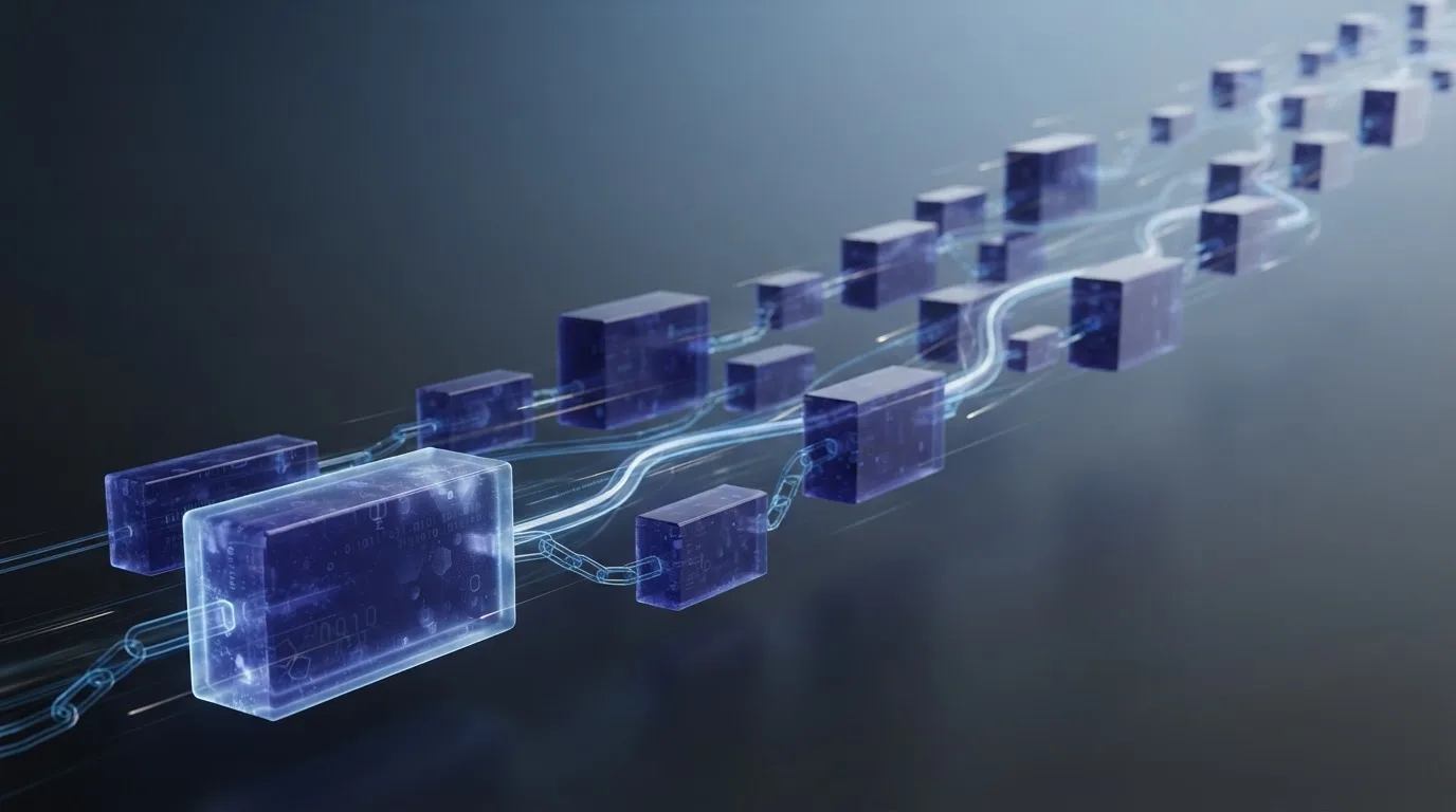 Représentation abstraite de blocs de données connectés, évoquant une chaîne de transactions anonymes.