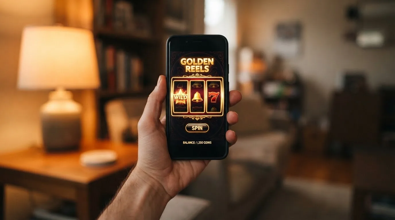 Main tenant un smartphone affichant une interface d'application sans logo visible.