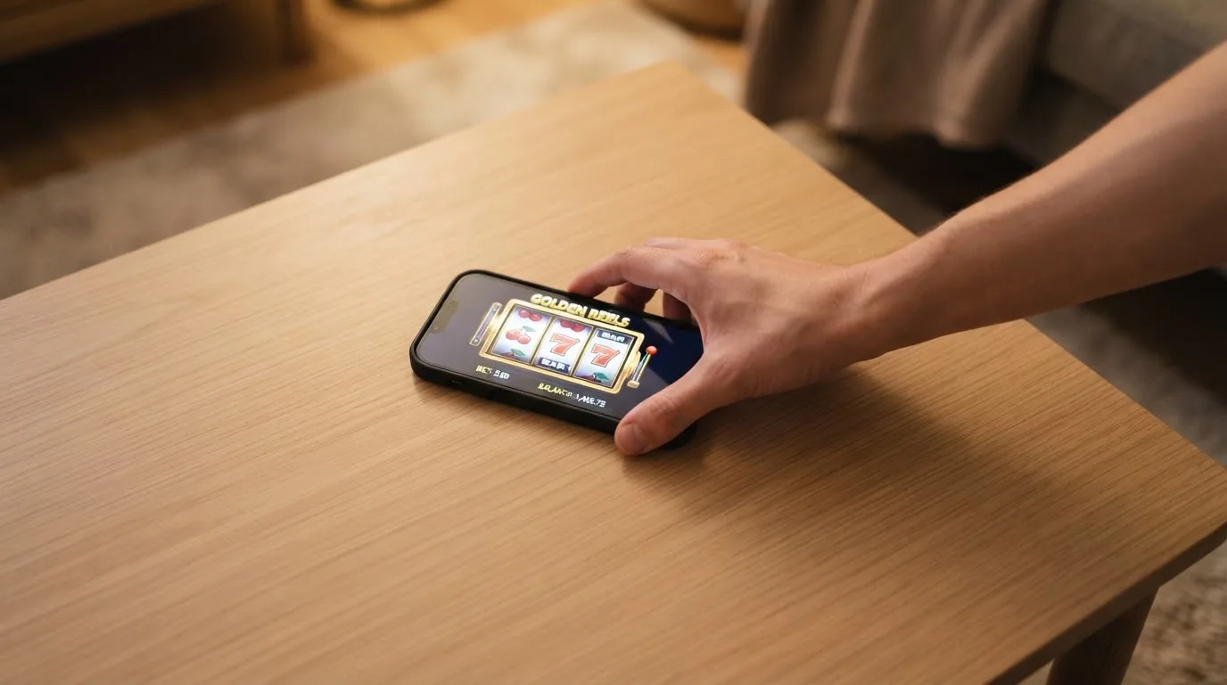 Main posant un téléphone sur une table, geste symbolisant une pause dans le jeu.