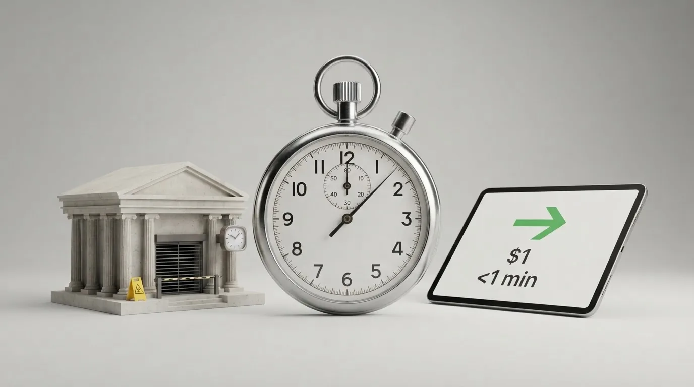 a split-screen graphic comparing a slow bank-transfer icon against a fast blockchain-transfer icon with a stopwatch