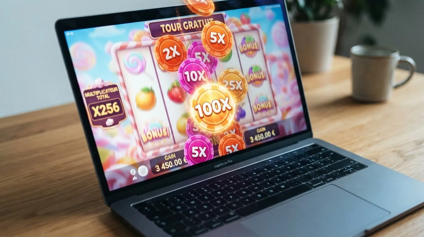 Gros plan sur des symboles multiplicateurs colorés qui s'accumulent lors d'un tour bonus de machine à sous