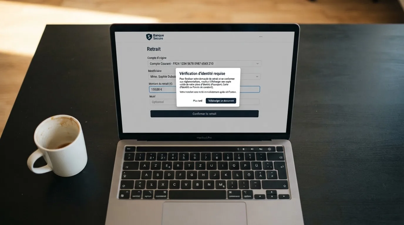 Formulaire de retrait en ligne affichant une demande de justificatif avant validation du paiement
